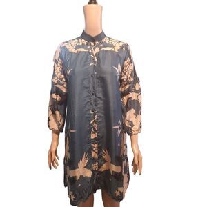Tallulah & Hope Sz 12/14 (L) Slate Blue/Beige Floral Silk Shirt Dress 3/4 Sleeve